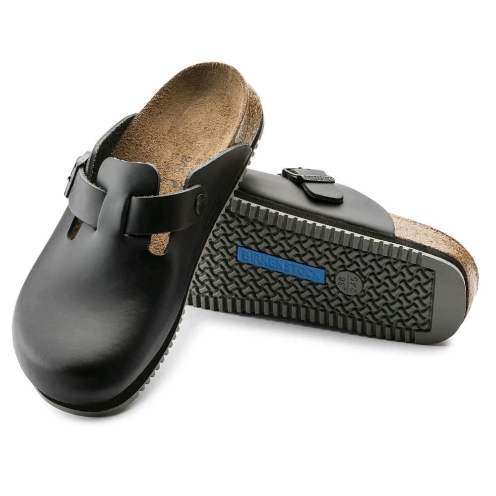 BIRKENSTOCK BOSTON SUPER GRIP BLACK LEATHER CLOGS SABOT w6 m4 NWOT
